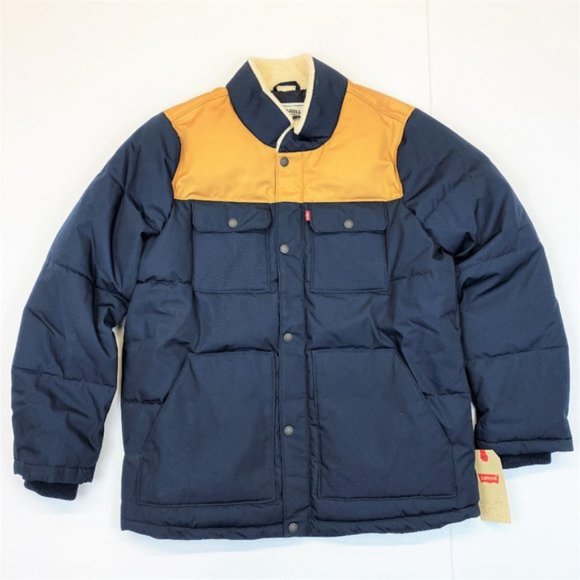 Men's B&T Levi's Sherpa-Collar Puffer Jacket (LMJTP184) Navy Worker Brown - LT - Picture 1 of 5